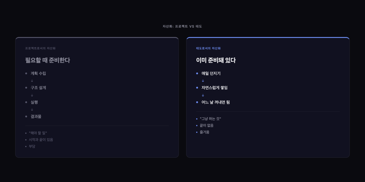 자산화: 프로젝트 vs 태도 비교