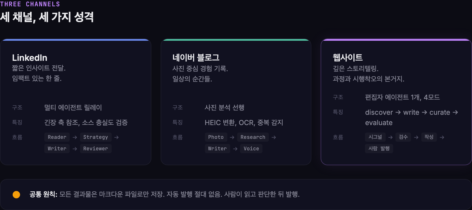 세 채널 비교 — LinkedIn, 네이버 블로그, 웹사이트의 구조와 성격